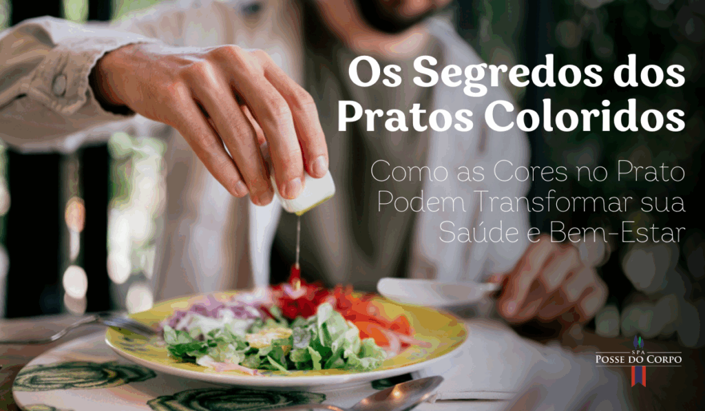 Mão temperando um prato colorido de salada, no artigo sobre as cores no prato