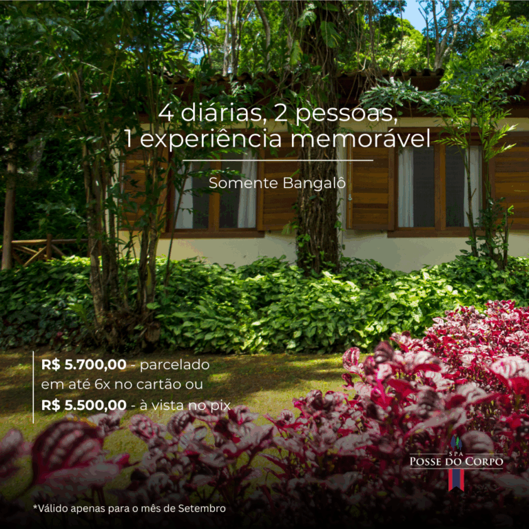 Peça promocional do pacote em bangalô com a fachada do Spa Posse do Corpo e canteiro florido