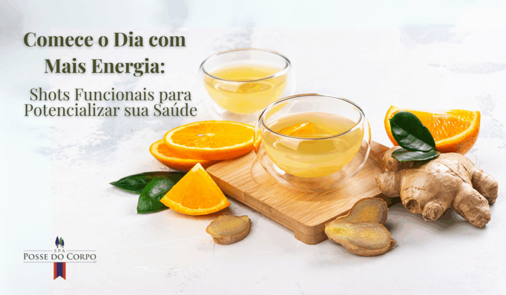 Shots funcionais de laranja e gengibre sobre uma tábua, no artigo sobre energia pela manhã