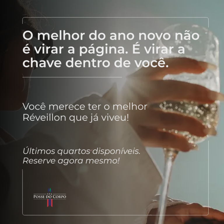 Peça promocional do Réveillon no Spa Posse do Corpo com taça de espumante